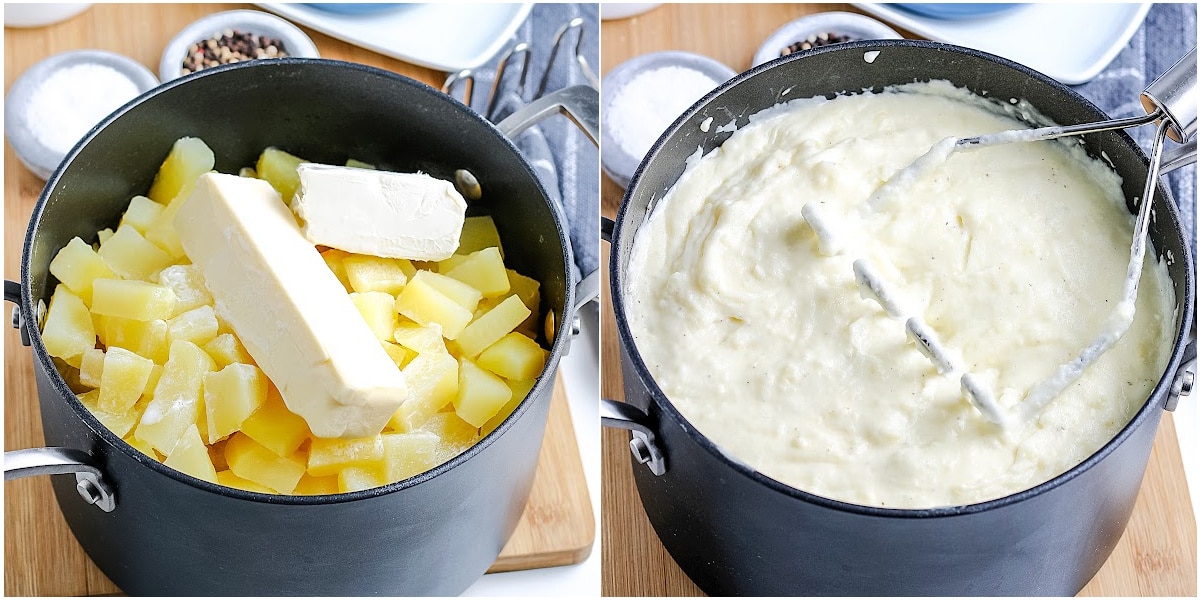 a collage showing how to make mashed potatoes by mixing in the ingredients and mashing the potatoes