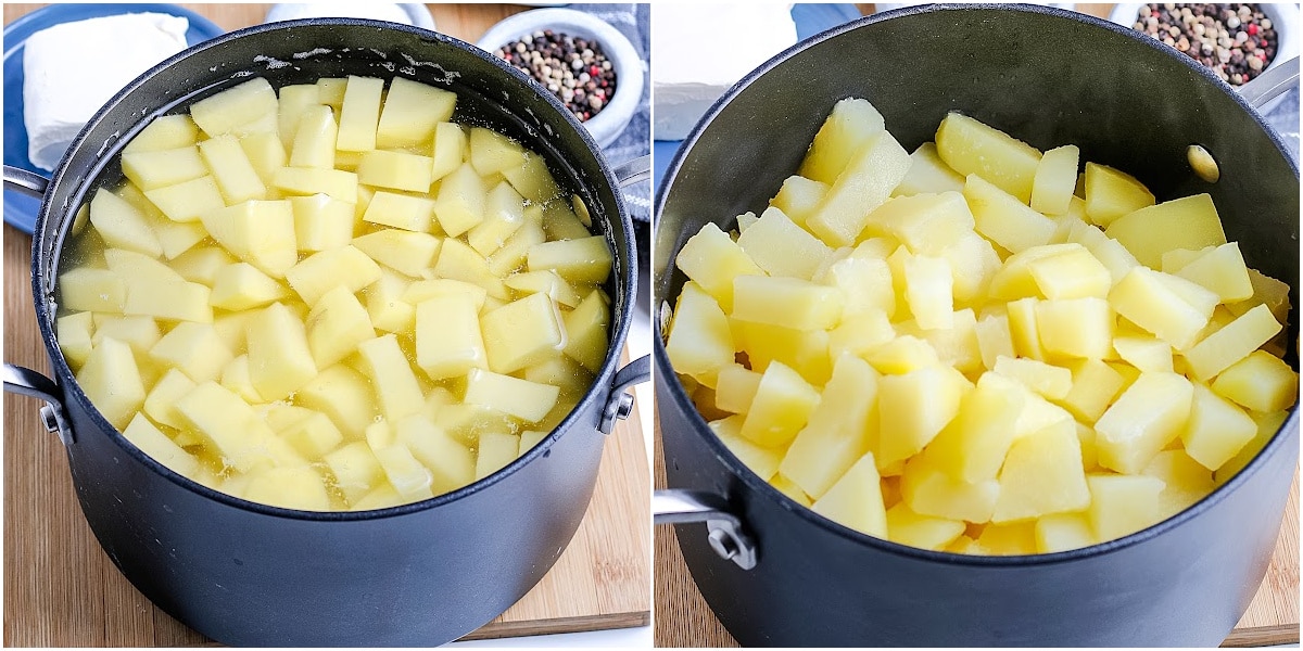 a collage with a pot of potatoes before and after cooking the potatoes