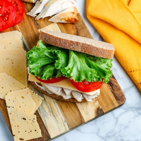 An overhead picture of the finished Leftover Turkey Sandwich.