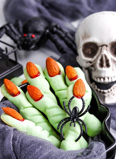 A close up picture of the finished Witch Finger Cookies in a serving bowl.