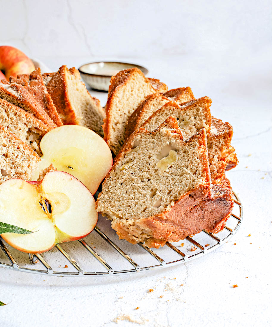 A close up picture of slices of the apple cider cake.