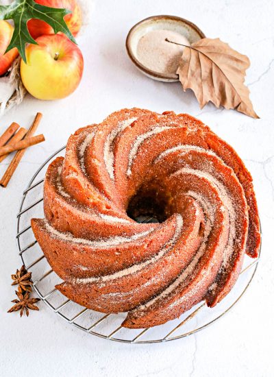 An overhead picture of the finished Apple Cider Donut Cake.