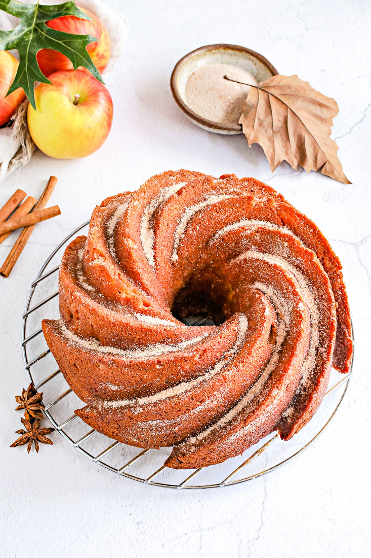 An overhead picture of the finished Apple Cider Donut Cake.