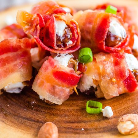 A close up picture of the finished Bacon Wrapped Dates recipe.