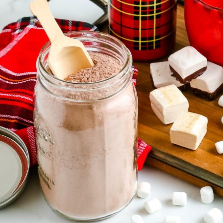 The finished Homemade Hot Chocolate Mix in a glass canning jar.
