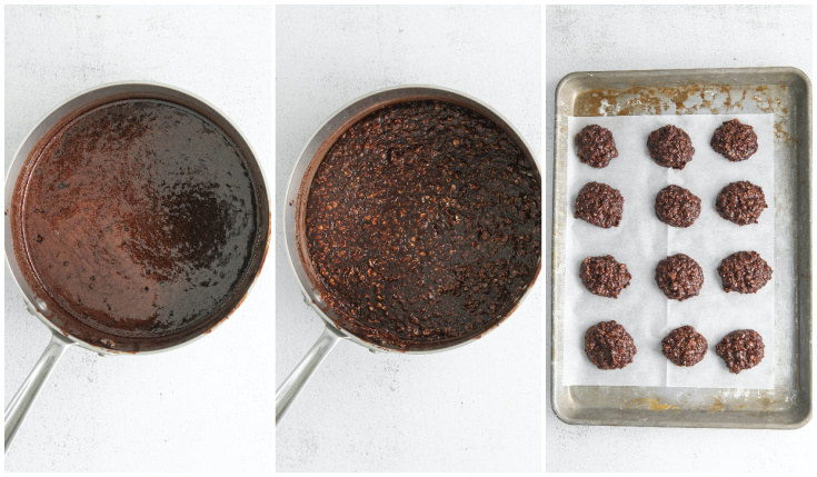 A picture collage showing how to make this No-Bake Chocolate Oat Cookies recipe.