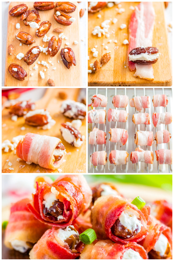 A picture collage showing How to Make Bacon Wrapped Dates