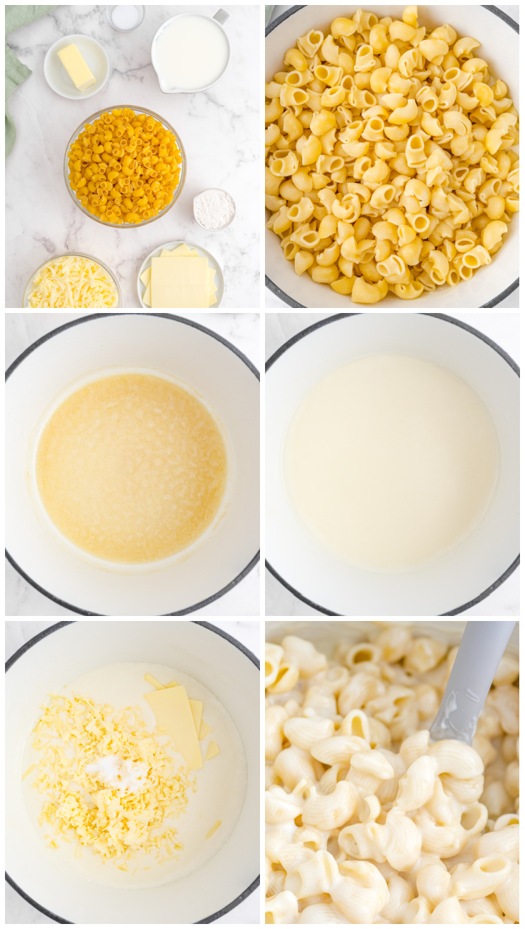A picture collage showing how to make Panera Mac and Cheese.