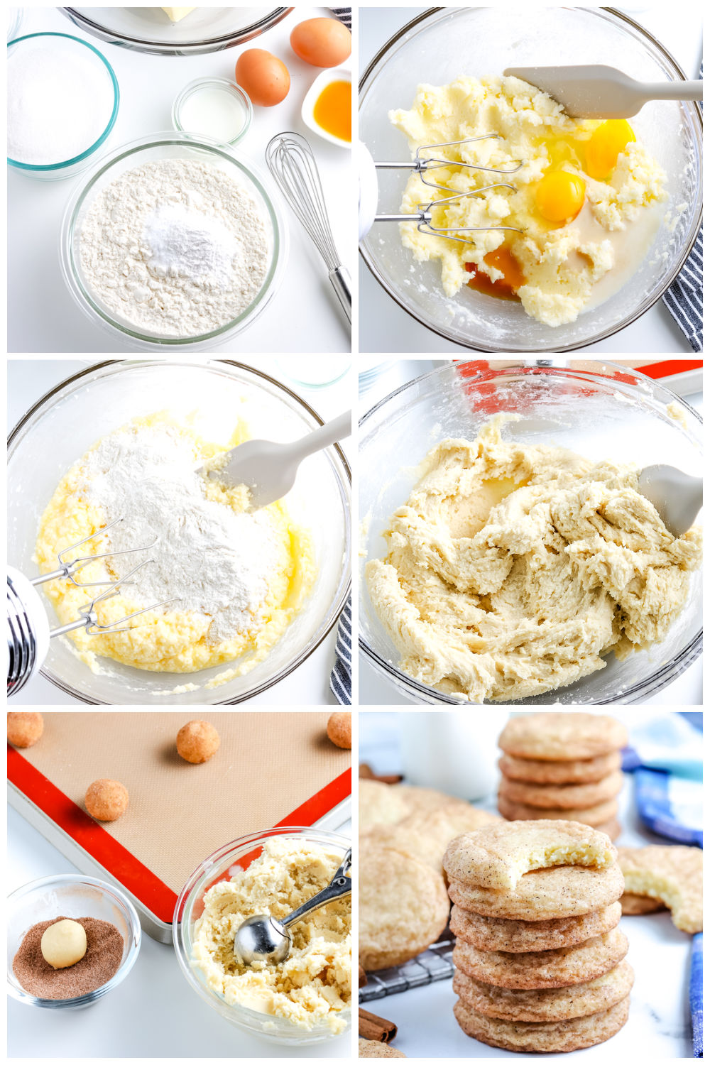 A picture collage showing how to make these Easy Snickerdoodle Cookies recipe.