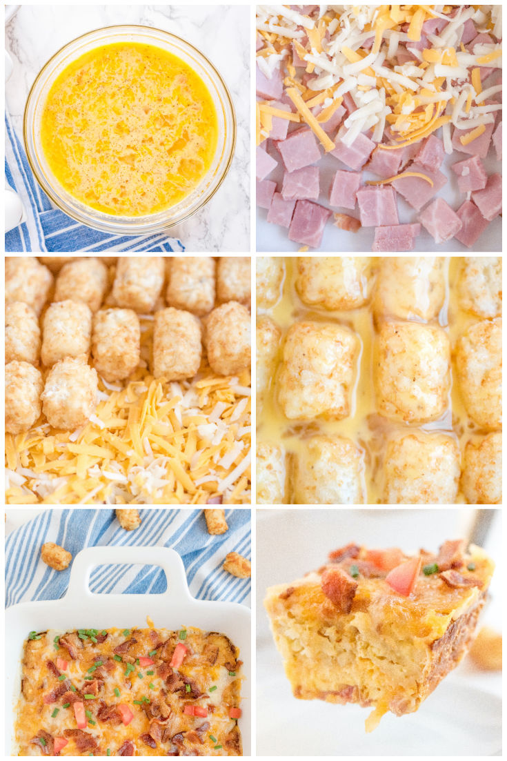 A picture collage showing how to make this Tater Tot Breakfast Casserole recipe.