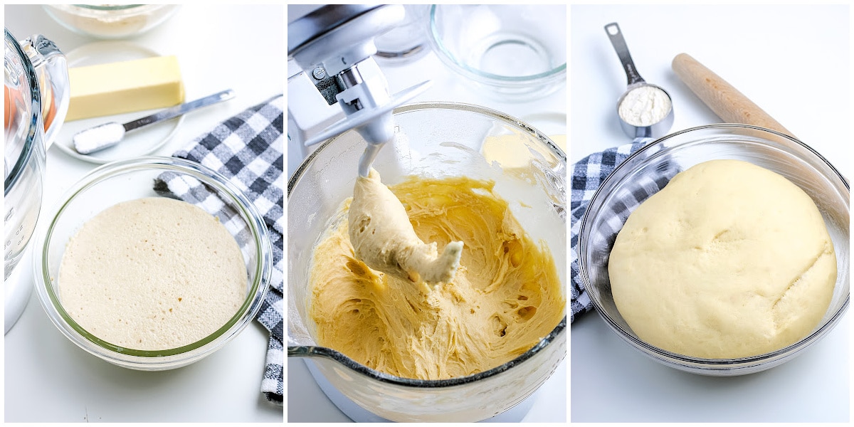 a collage showing how to make Texas roadhouse rolls by activating the yeast, making the dough, and letting it rise