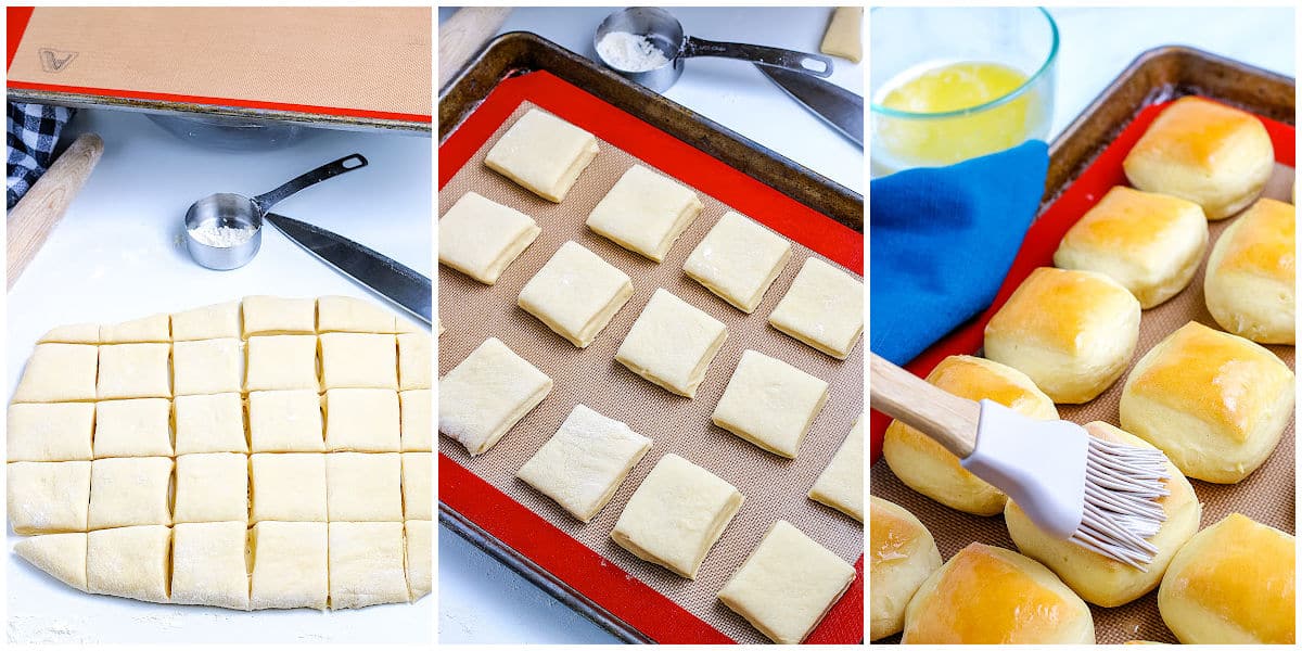 a collage showing how to make Texas roadhouse rolls by cutting the dough, letting the rolls rise, and buttering the baked rolls