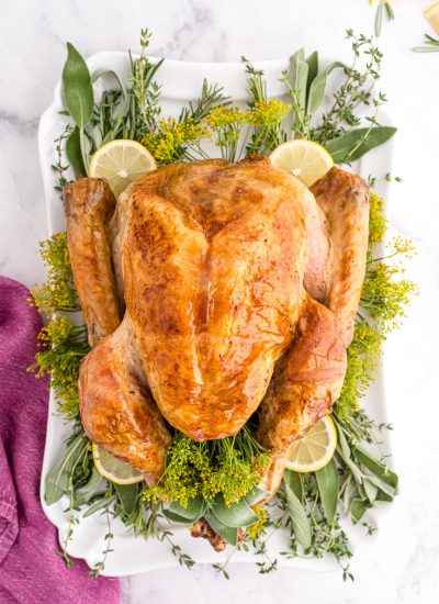 An overhead picture of the finished roast turkey.