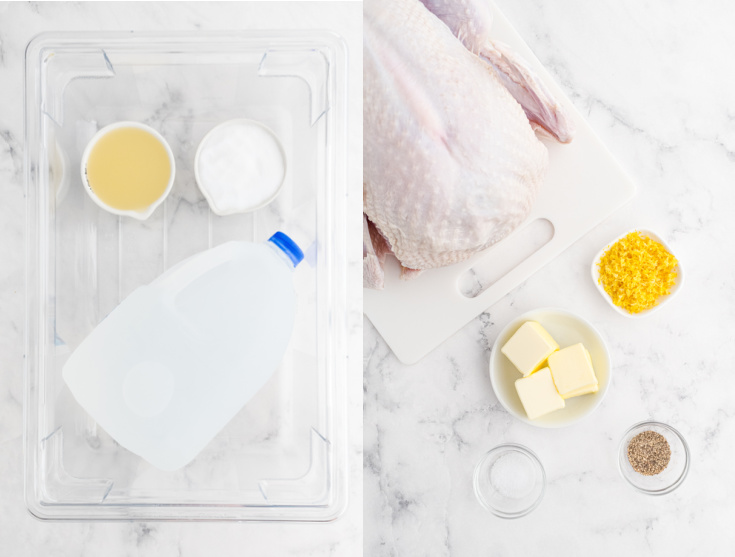 All of the ingredients needed to make this roast turkey and turkey bring recipe.
