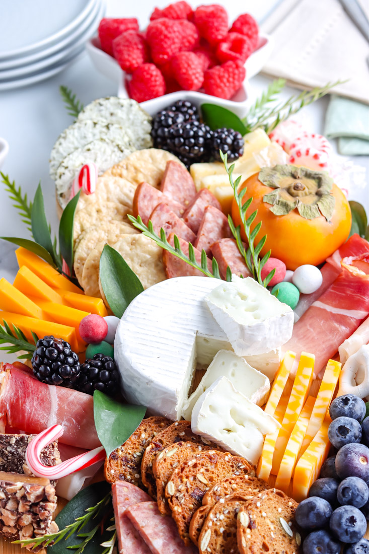 A close up picture of a Charcuterie Board For Christmas.