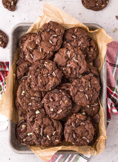 An overhead picture of the finished Chocolate Mint Cookies in a serving dish.