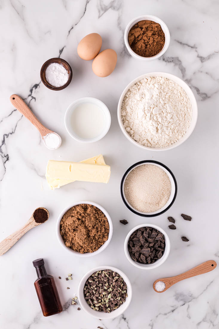 An overhead picture of all of the ingredients needed to make this Chocolate Mint Cookies recipe.