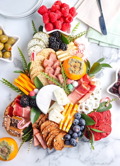 An overhead picture of the finished Christmas Tree Charcuterie Board on a tree-shaped platter.