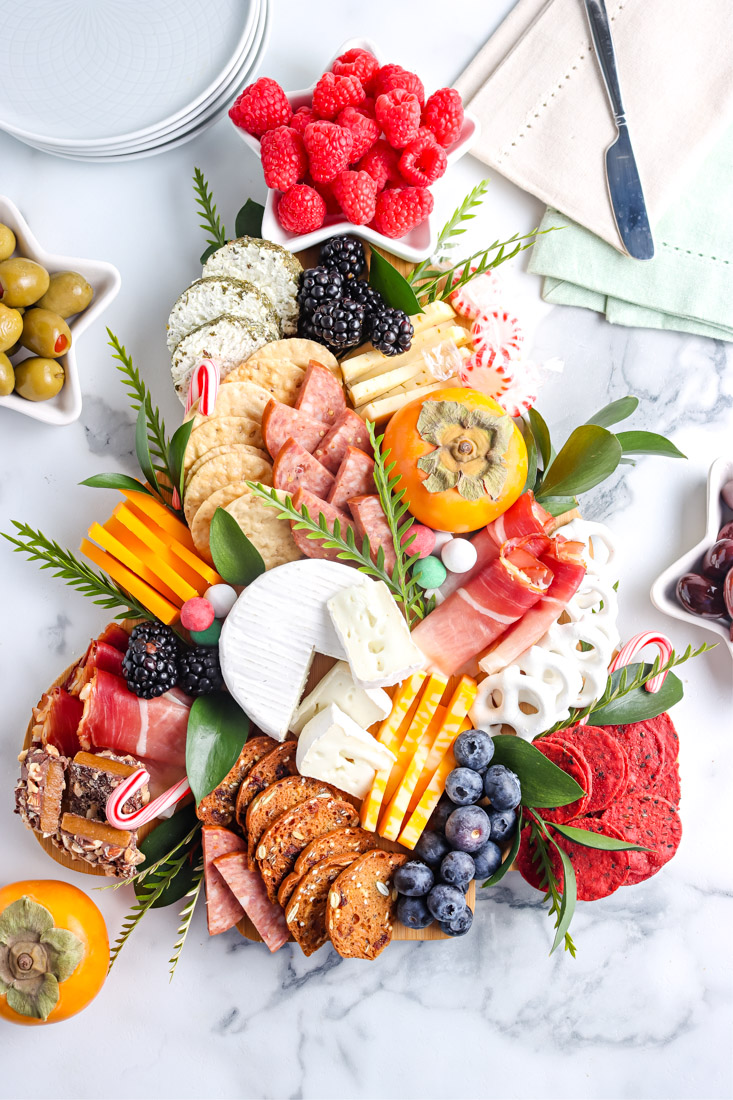 An overhead picture of the finished Christmas Tree Charcuterie Board on a tree-shaped platter.