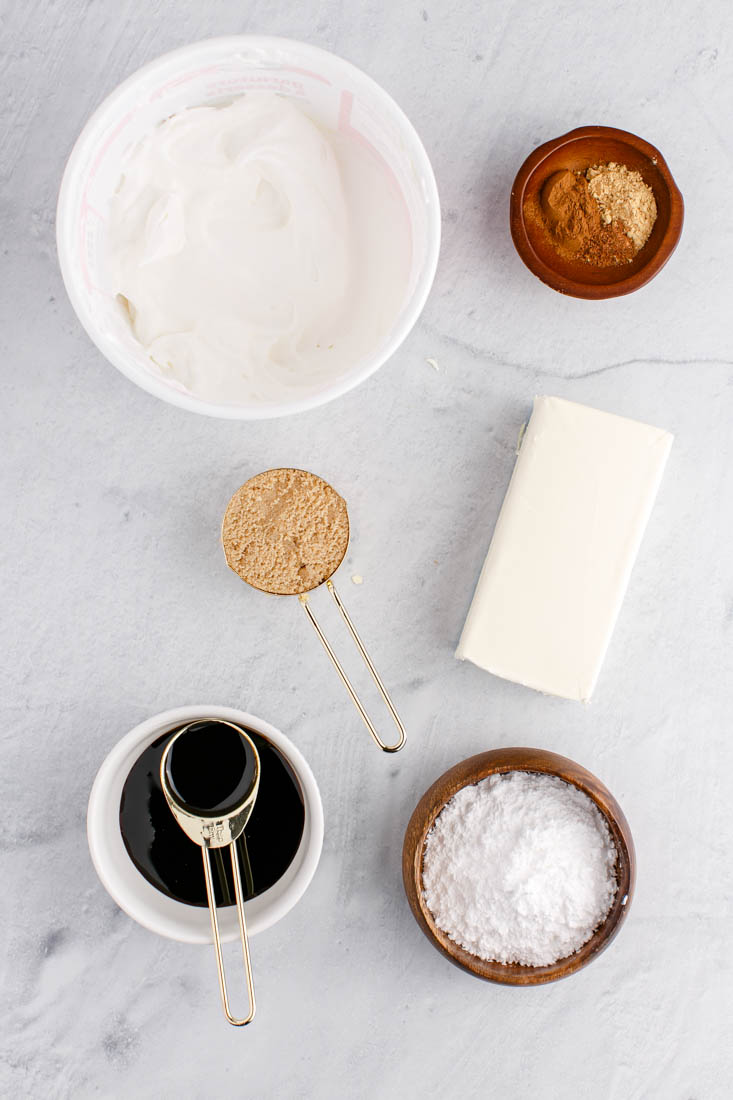An overhead picture of all the ingredients needed to make this Gingerbread Cheesecake Dip.