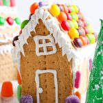 A close up picture of a finished Graham Cracker Gingerbread House.
