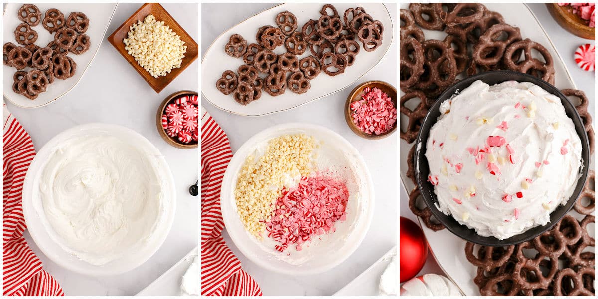 a collage showing how to make peppermint dip by beating the cream cheese, folding in the chocolate chips and peppermint candy, and serving with chocolate pretzels.