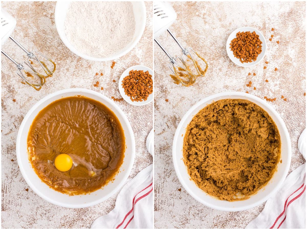 a collage showing how to make gingerbread bars by mixing the egg into the mixture and the dry ingredients into the wet ingredients