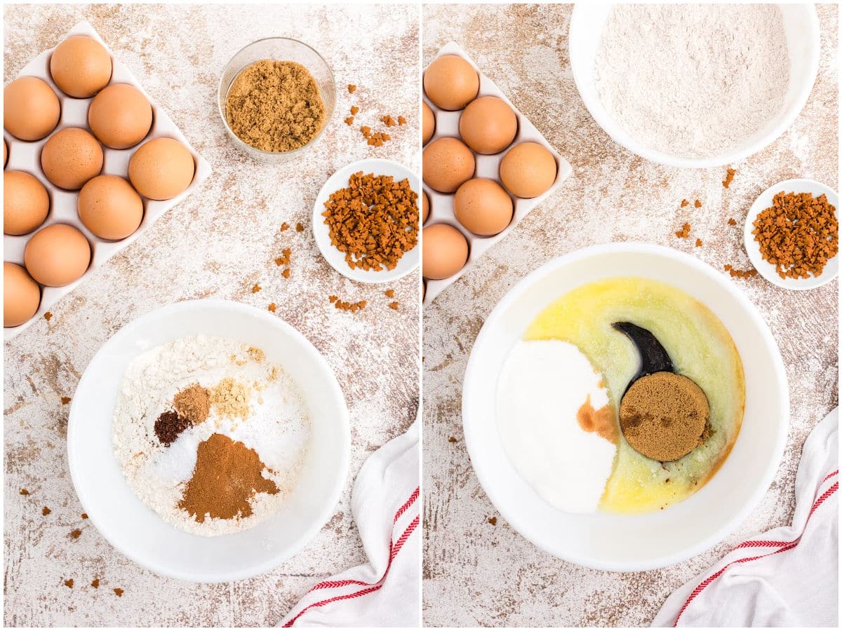 a collage showing how to make gingerbread bars by whisking together the dry ingredients in one bowl and the wet ingredients in another bowl
