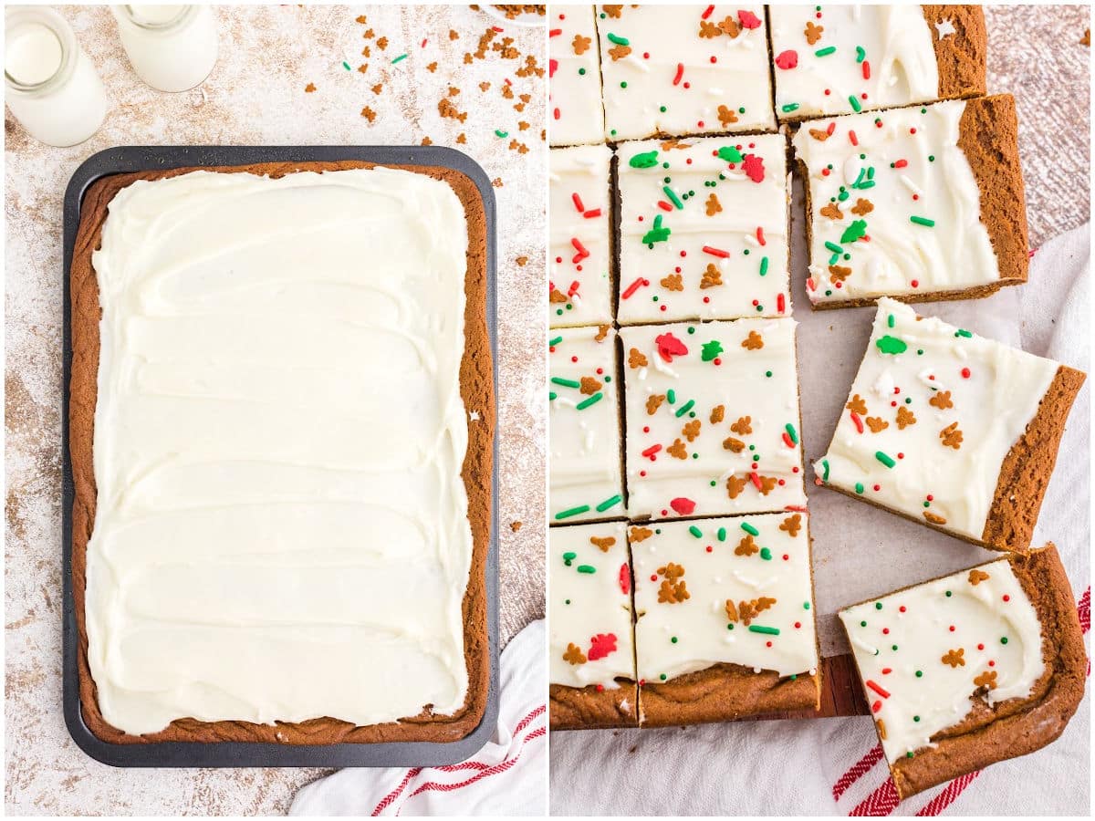 a collage showing how to frost gingerbread bars and top with sprinkles, and slice for serving.