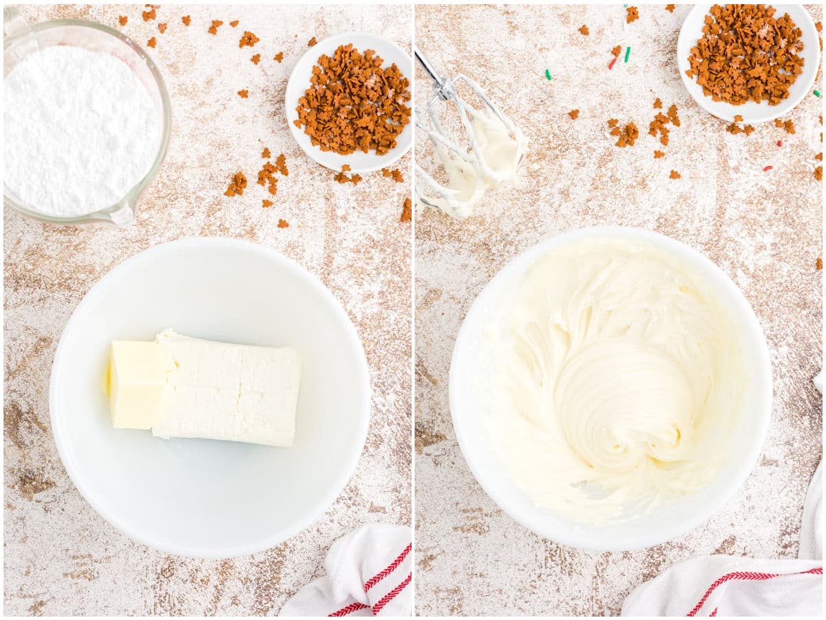 a collage showing how to make frosting by adding the ingredients to the bowl and beating the cream cheese mixture