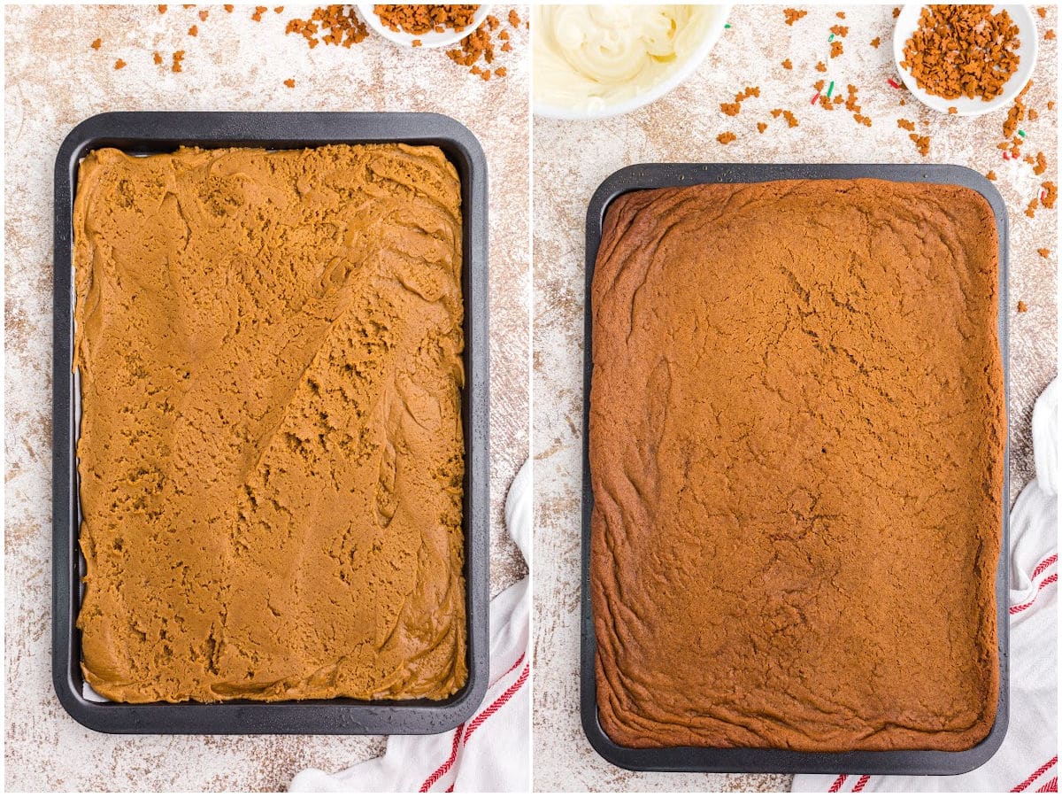 a collage showing how to make gingerbread bars by spreading the batter into the pan and baking the bars.