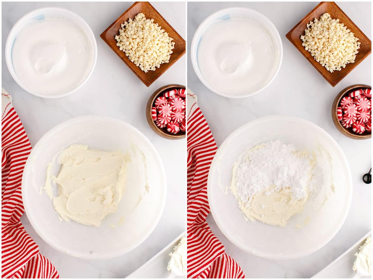 a collage showing how to make peppermint dip by beating the cream cheese and then adding in the powdered sugar