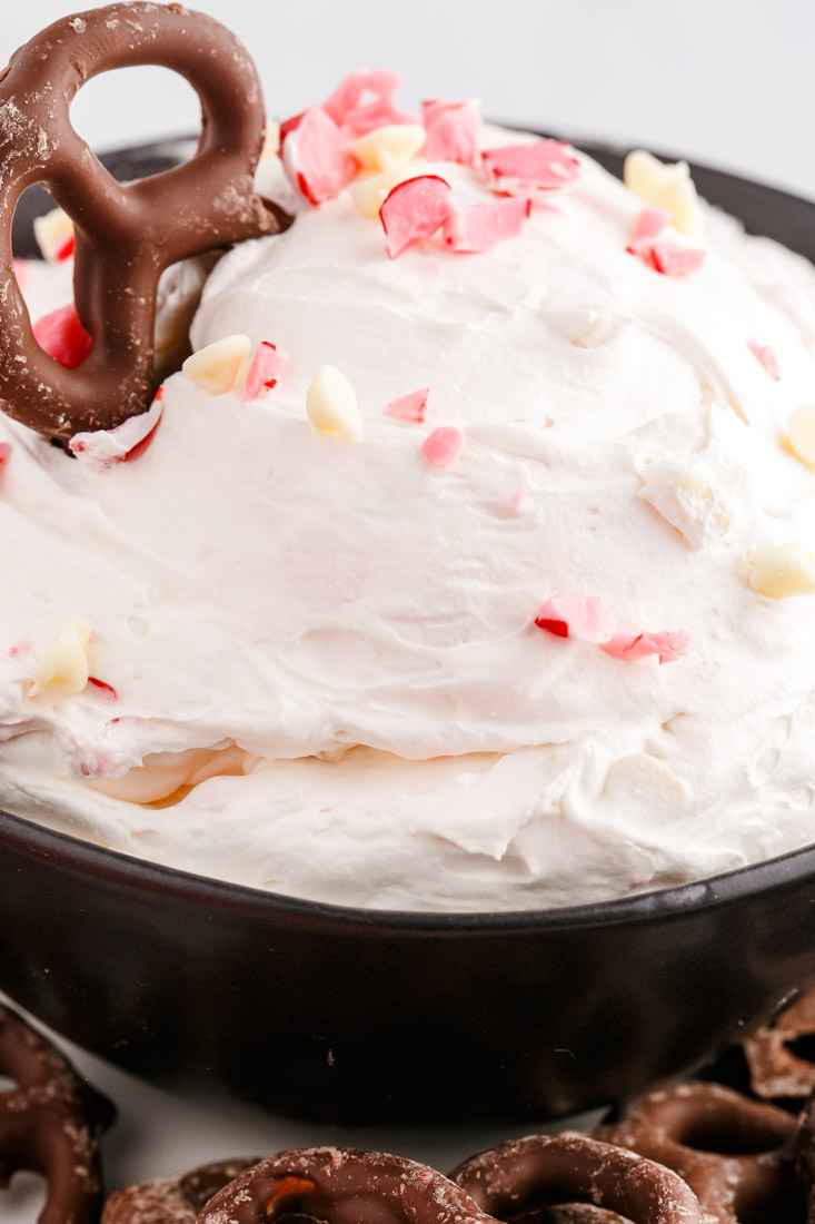 A close up picture of the finished Peppermint Cheesecake Dip.