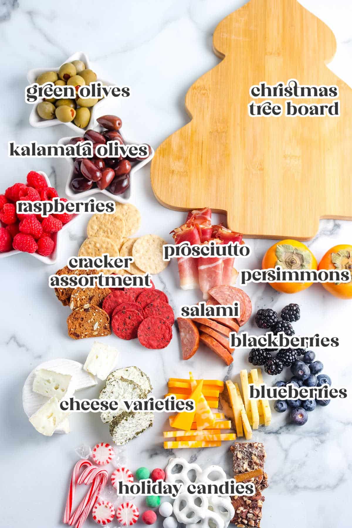 ingredients for making a charcuterie board with text overlay