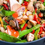 A close up picture of the finished Chicken And Peppers Stir Fry in a deep pan.