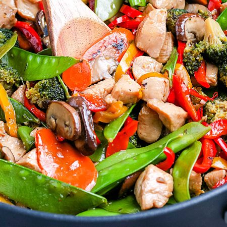 A close up picture of the finished Chicken And Peppers Stir Fry in a deep pan.