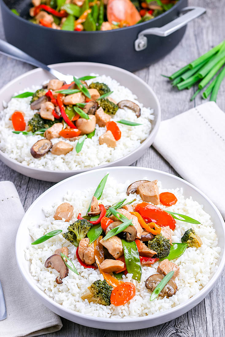 The chicken stir fry served over white rice.