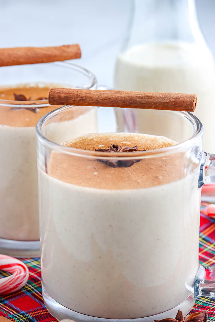 The finished homemade eggnog made without alcohol.