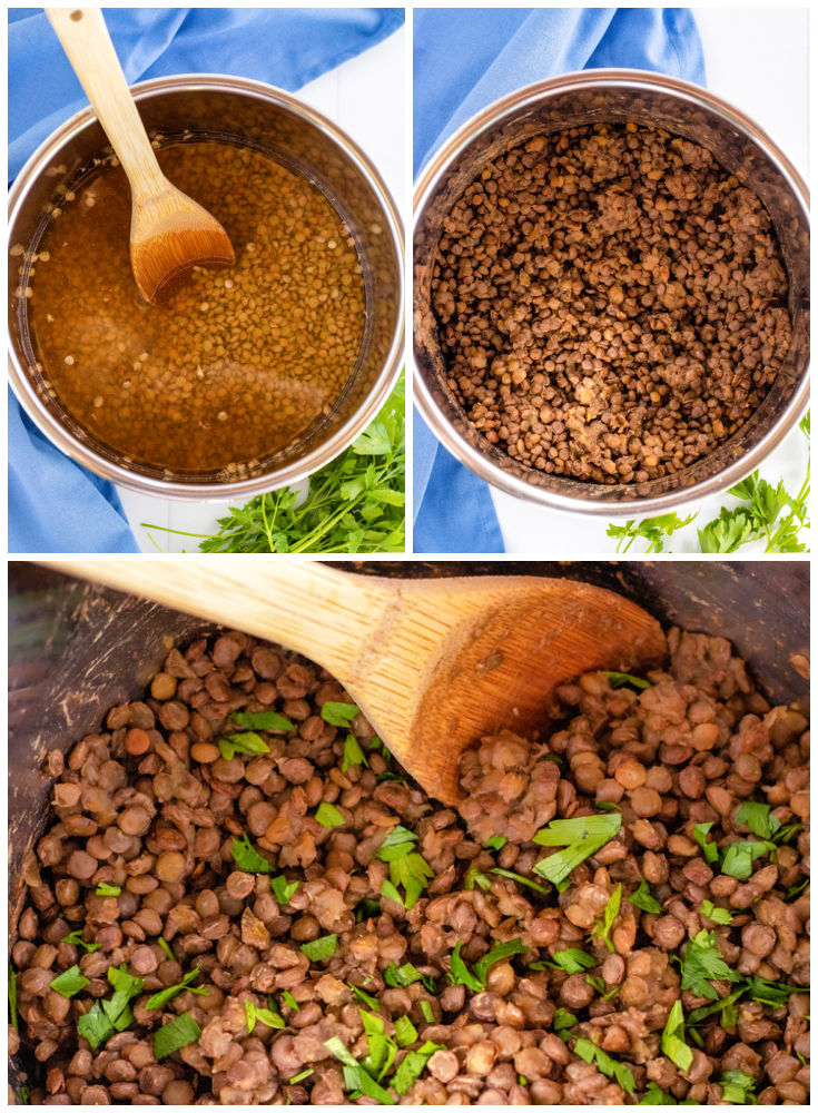 A picture collage showing how to cook lentils in an instant pot.