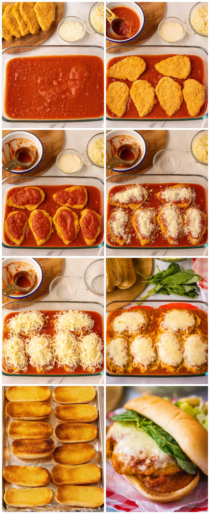 A picture collage showing how to make Chicken Parmesan Subs.