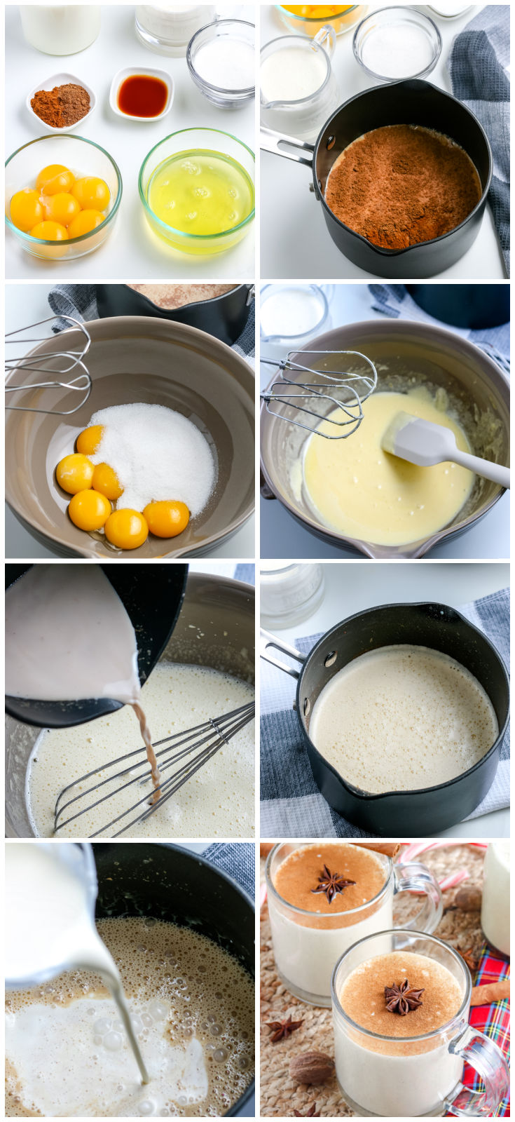 A picture collage showing How To Make Homemade Eggnog.