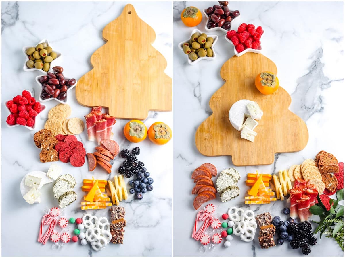a collage showing the different stages for making a charcuterie board with various cheeses, meats, and fruits