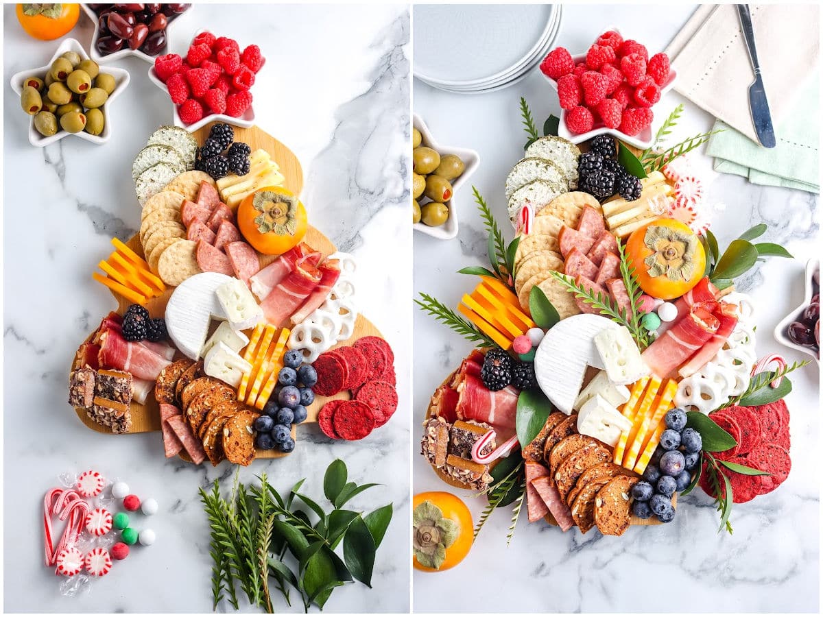 a collage showing how to fill in a charcuterie board with various fruits, crackers, meats, and holiday treats