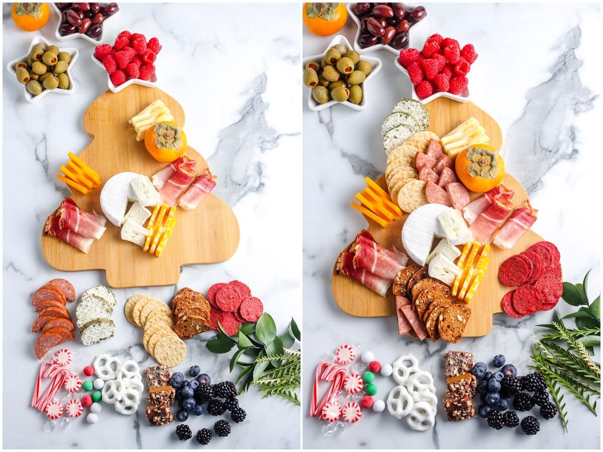 a collage showing the stages of adding crackers, meats, cheeses and various items to a charcuterie board