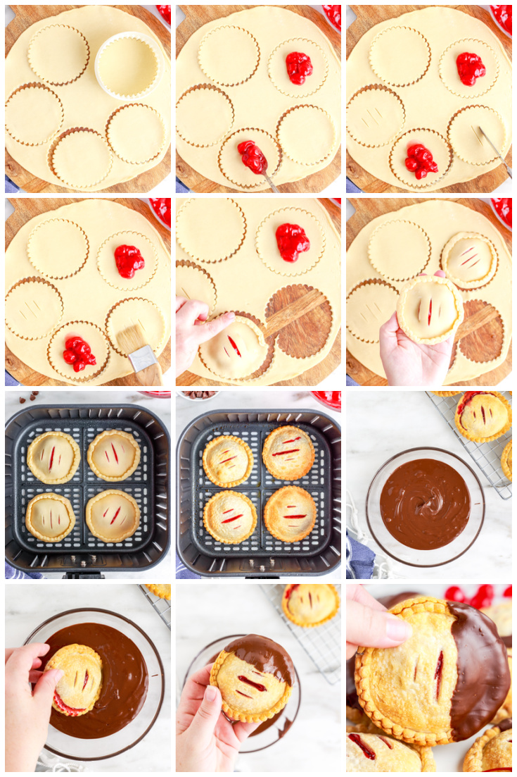 A picture collage showing how to make Air Fryer Cherry Hand Pies.