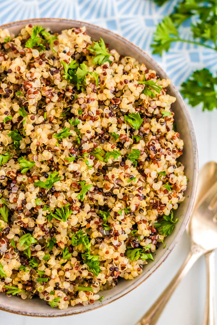 A close up picture of the finished Quinoa cooked in an Instant Pot.