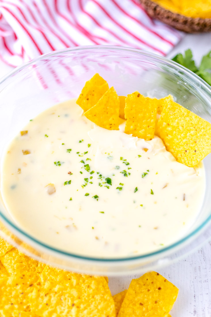 The finished Velvet Queso Dip with chips all around.