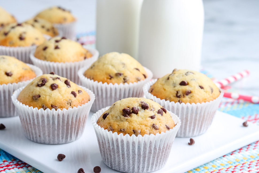 A close up picture of the finished Chocolate Chip Muffins in rows.