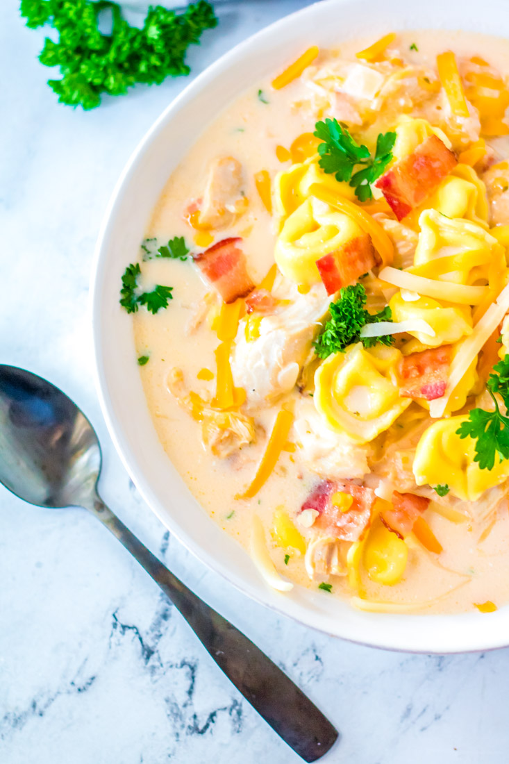 A close up picture of the finished recipe Crockpot Creamy Tortellini Soup in a white soup bowl.