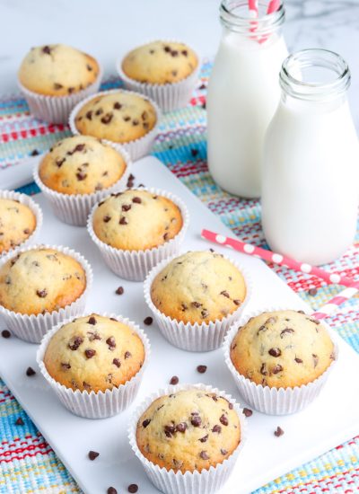 The finished Easy Chocolate Chip Muffins on a serving platter.